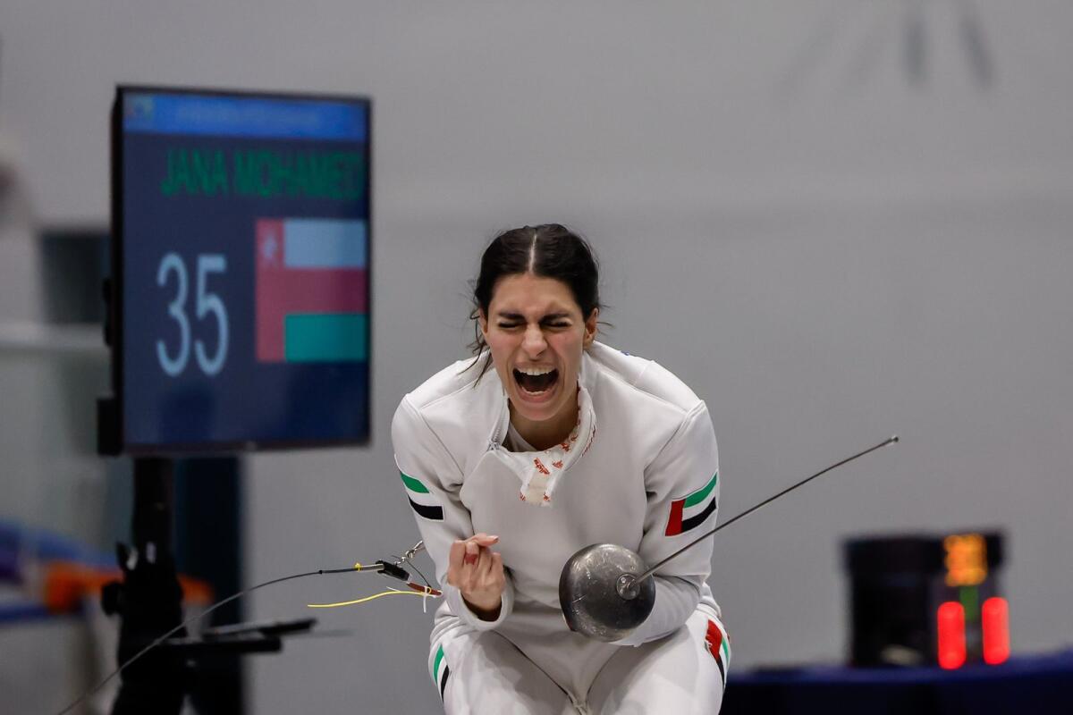 Zainab Al Hosani, the top-ranked UAE fencer, celebrates after winning the gold. — Supplied photo
