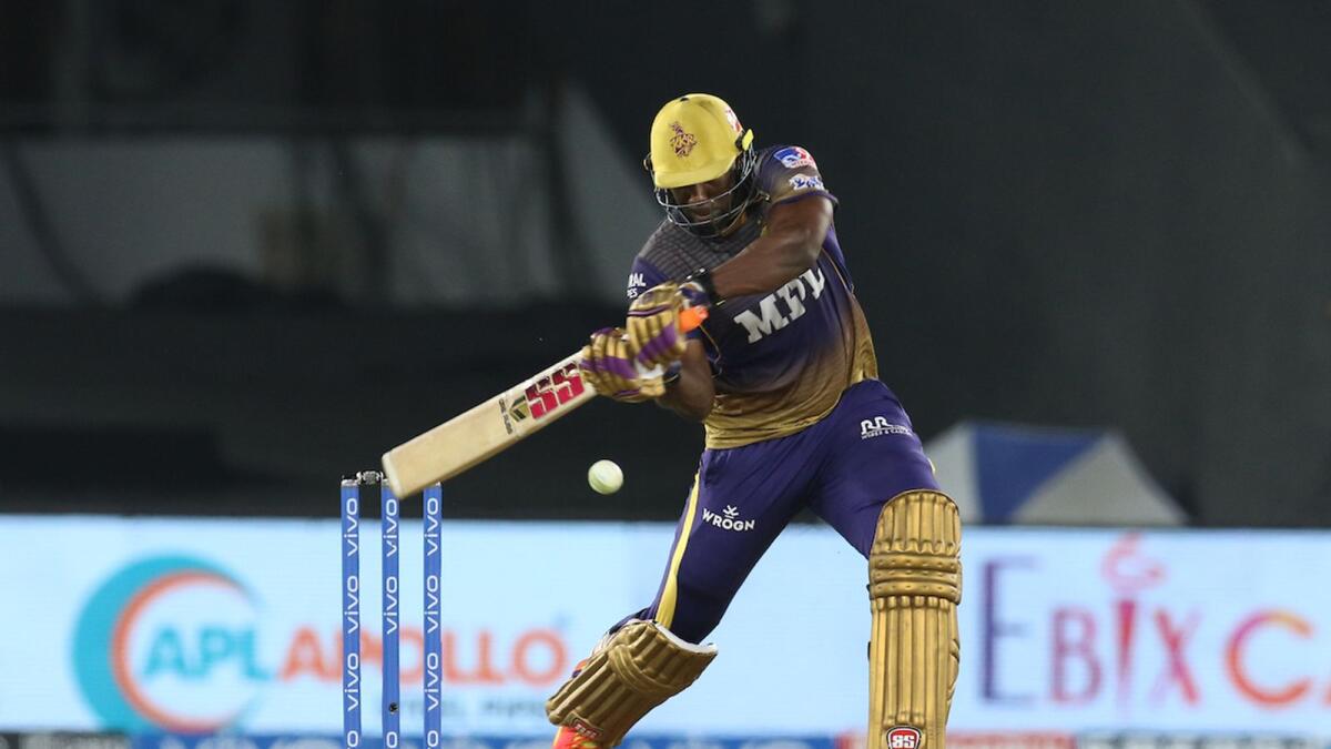 Andre Russell of Kolkata Knight Riders plays a shot against the Delhi Capitals in Ahmedabad on Thursday night. — BCCI/IPL