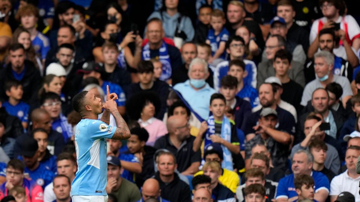 Manchester City’s Gabriel Jesus celebrates after scoring the winner against Chelsea at Stamford Bridge in London on Saturday. — AP