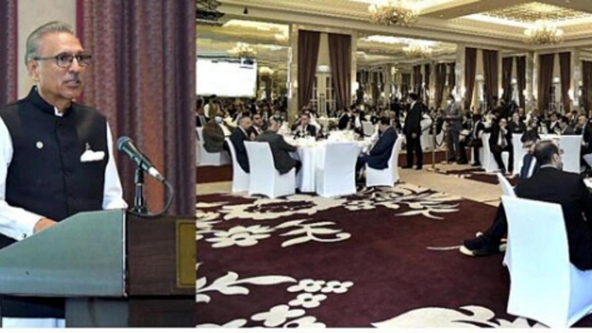 President Dr Arif Alvi addressing the investment conference hosted by Special Technology Zones Authority in Dubai on Saturday. — APP