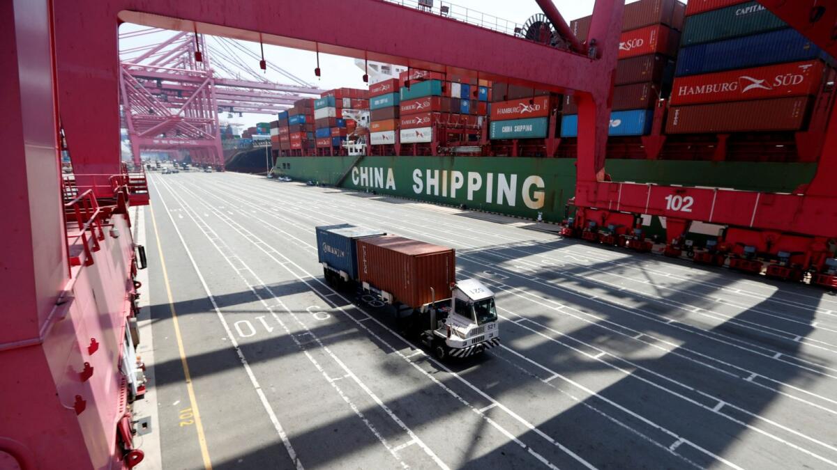 A truck transports containers at the Busan New Port, South Korea. Trade between the Gulf and South Korea jumped to $78 billion from $50 billion between 2021 and 2022. — Reuters file