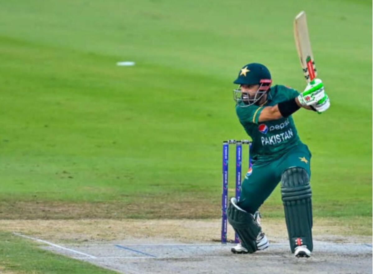 Pakistan's Mohammad Rizwan plays a shot against Hong Kong in the Asia Cup match on Friday. (Photo by M. Sajjad)