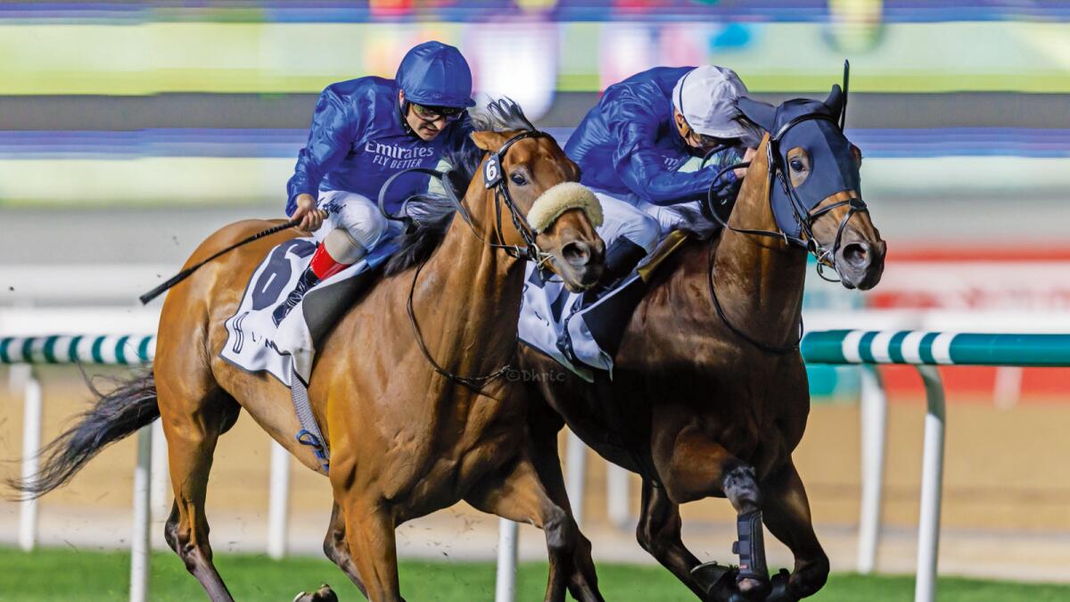 Fight to the finish: Royal Fleet and James Doyle (white cap) hold on for victory over Godolphin stablemate Star Safari in the Dubai Millennium Stakes at the Dubai World Cup Carnival meeting at Meydan on Friday. — Dubai Racing Club