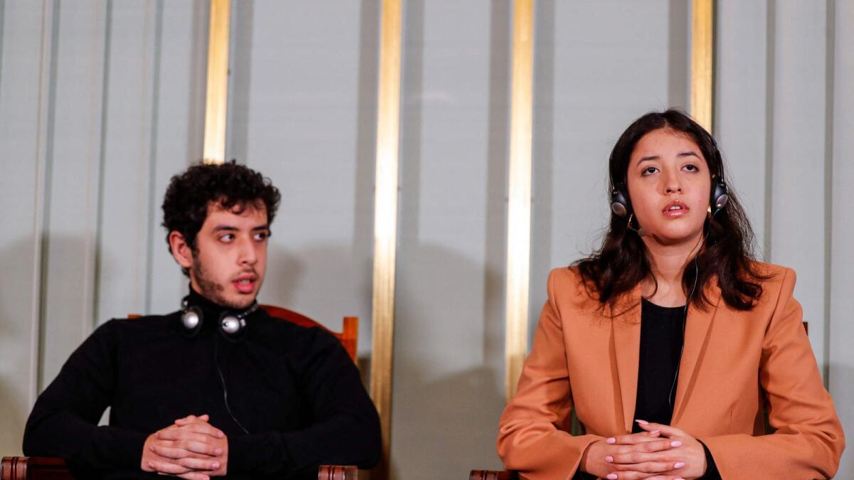 Ali (L) and Kiana Rahmani attend a press conference at the Nobel Institute in Oslo, Norway. — AFP