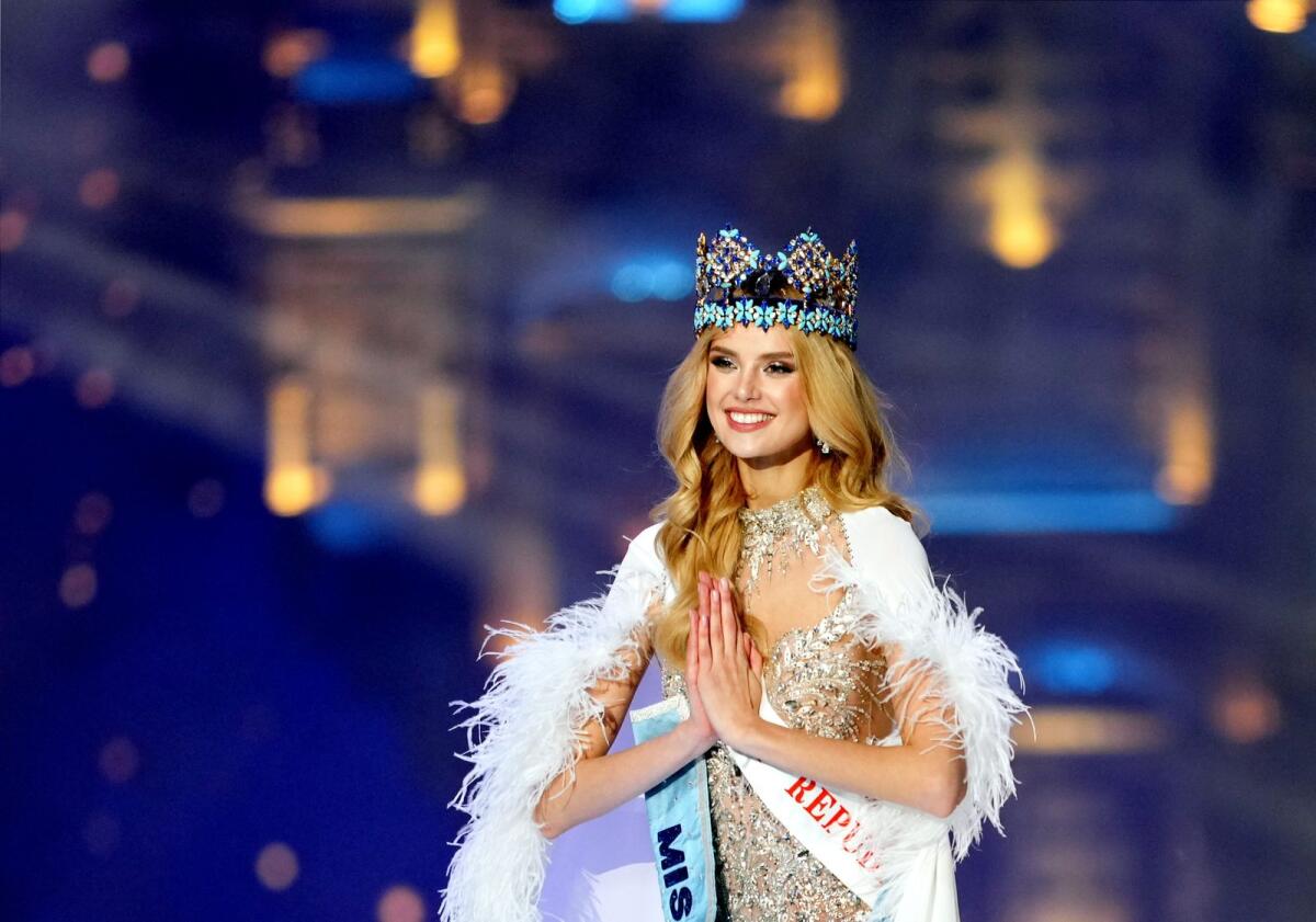 Krystyna Pyszkova of Czech Republic after she was crowned as the Miss World 2024 at the 71st Miss World pageant. Photos: PTI