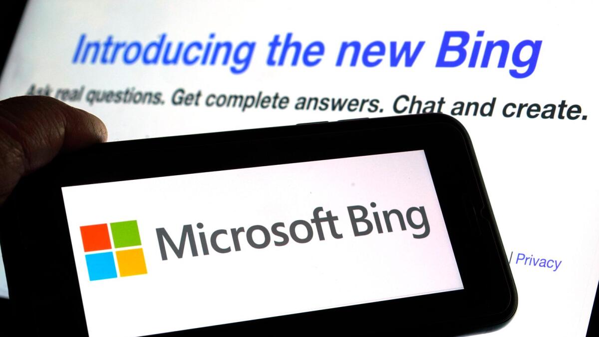 The Microsoft Bing logo and the website's page are shown in this photo taken in New York on Tuesday, Feb. 7, 2023. Microsoft is fusing ChatGPT-like technology into its search engine Bing, transforming an internet service that now trails far behind Google into a new way of communicating with artificial intelligence.— AP 