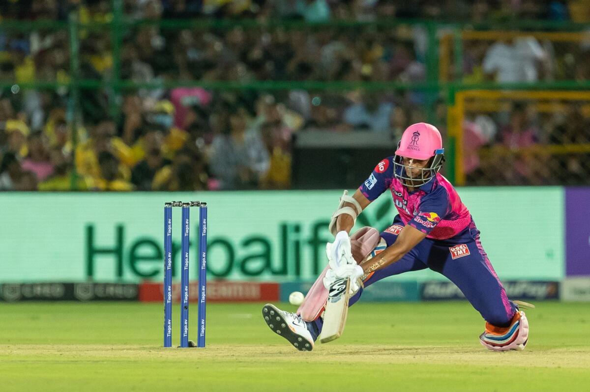 Yashasvi Jaiswal of Rajasthan Royals plays a shot against Chennai Super Kings at the Sawai Mansingh Stadium in Jaipur on Thursday. — IPL