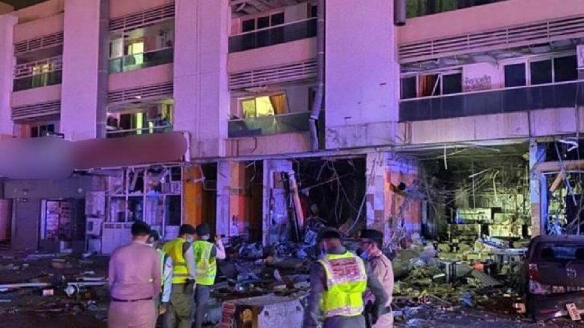 A blast caused by a gas leak tore through a restaurant at a residential building in Dubai on Monday morning, police said. No injuries were reported, but two nearby shops, a pharmacy, a salon and three cars were severely damaged. Photo: Supplied