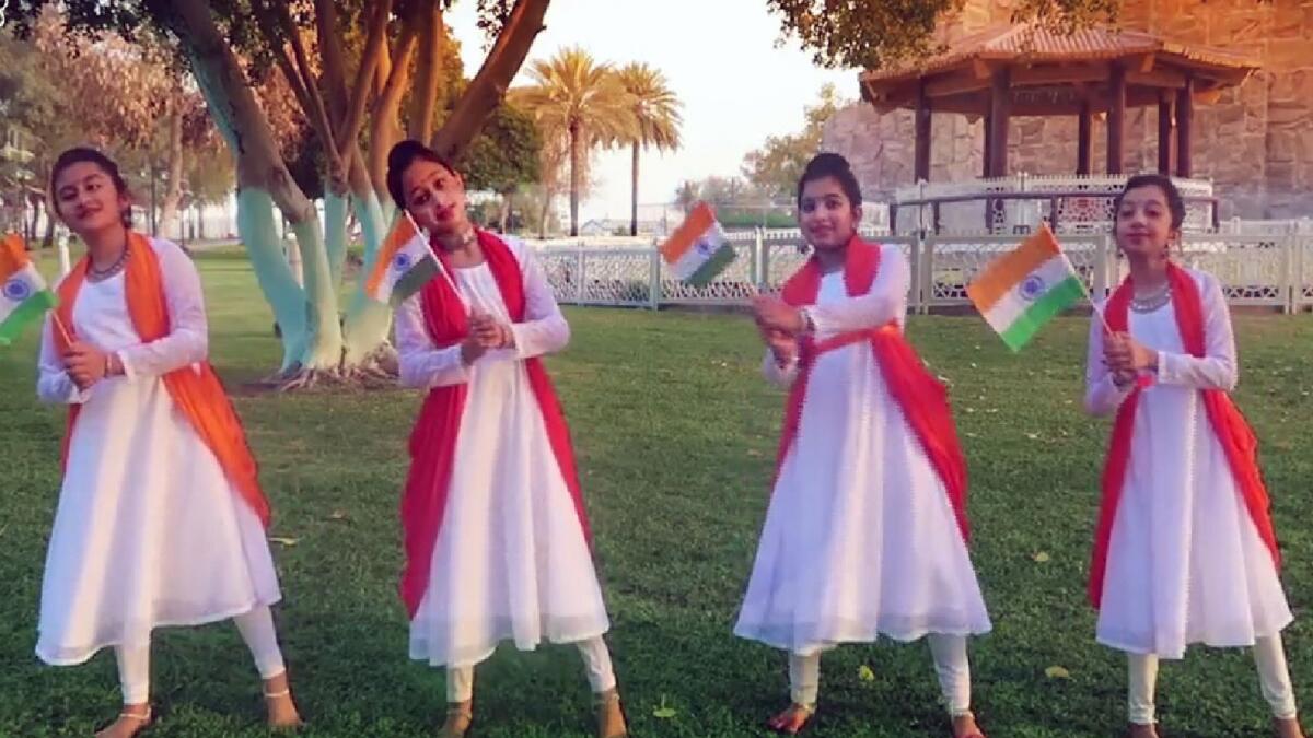 Students of Private International English School, Abu Dhabi (Bhavans), during a virtual event held to launch the ‘Amrit Mahotsav’ – India@75 celebrations in the UAE. Supplied Photo.