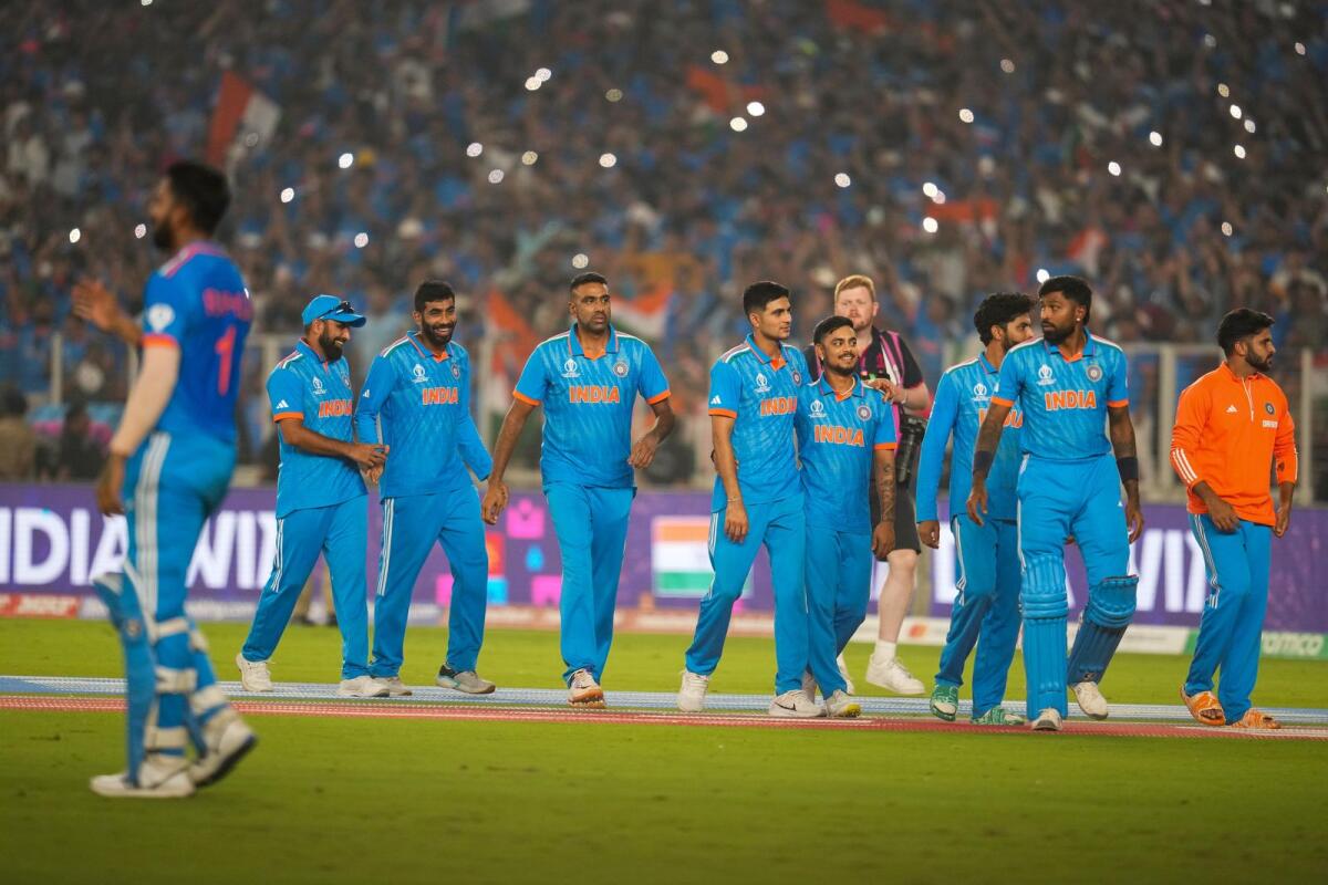 Indian team celebrates after winning the ICC Men's Cricket World Cup 2023 match between India and Pakistan. Photo: PTI