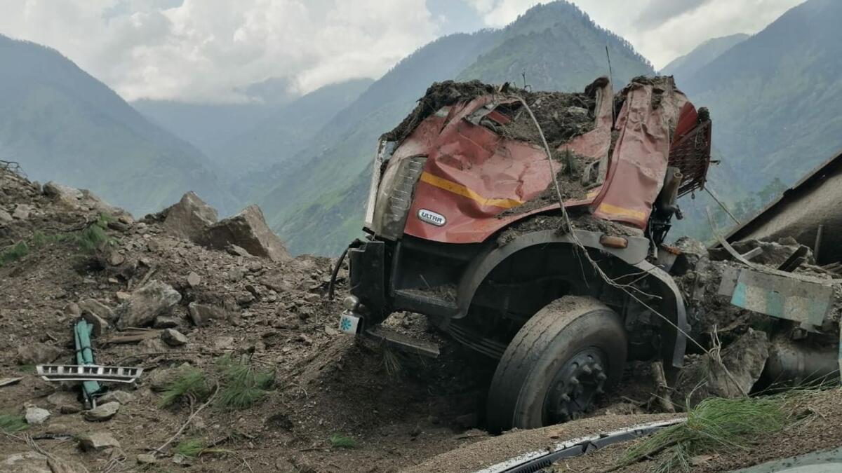 Wreckage caused by a landslide at the Reckong Peo-Shimla Highway in Kinnaur District in Himachal Pradesh. Photo: AFP
