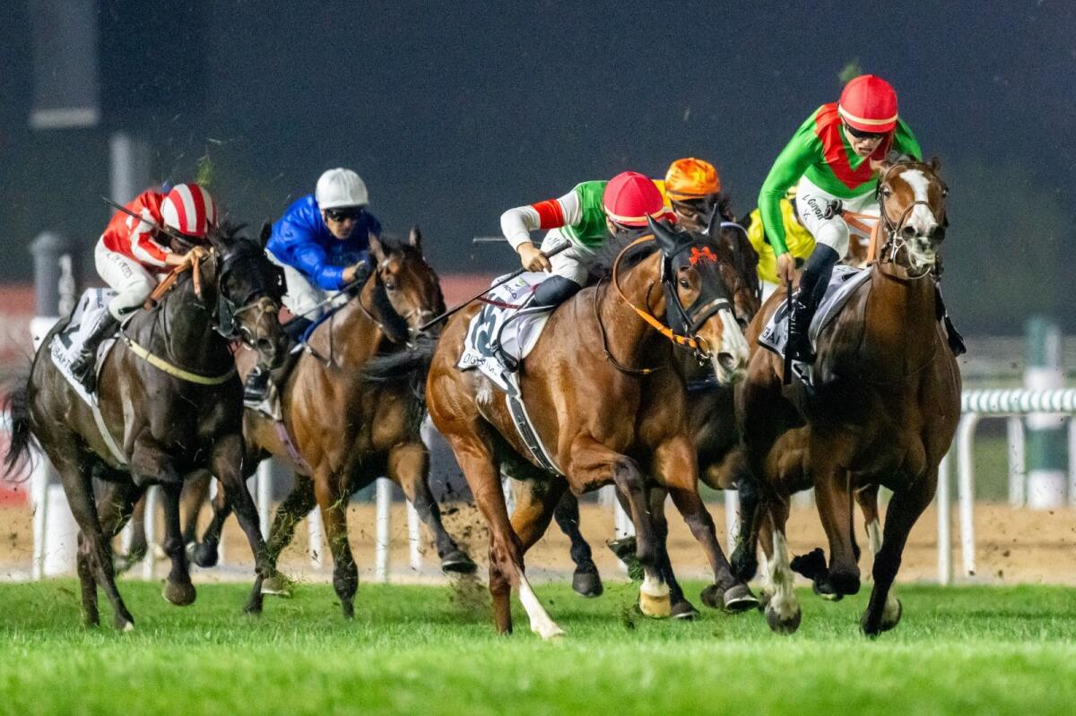Facteur Cheval, ridden by Maxime Guyon, wins the Dubai Turf at Meydan on Saturday. — Photo by Shihab
