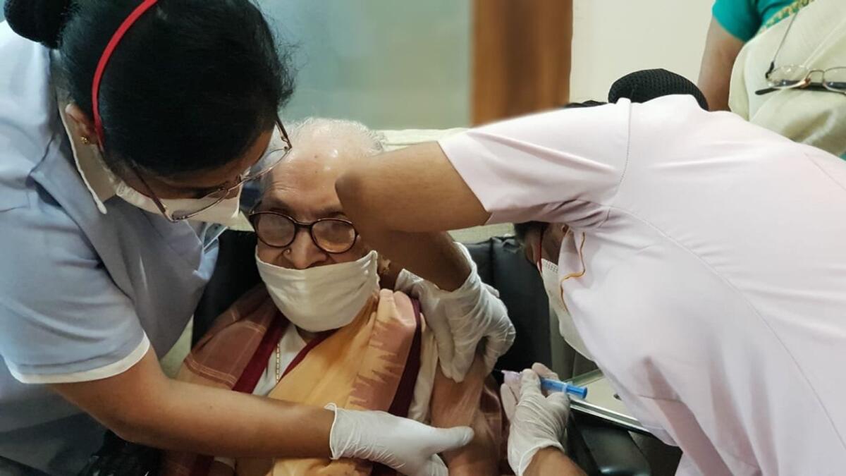 103-year-old J Kameshwari takes Covid-19 vaccine in Bengaluru. — ANI