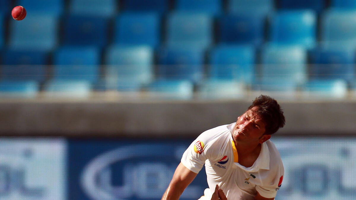 Yasir Shah bowls during the final day of the second Test against England in Dubai.