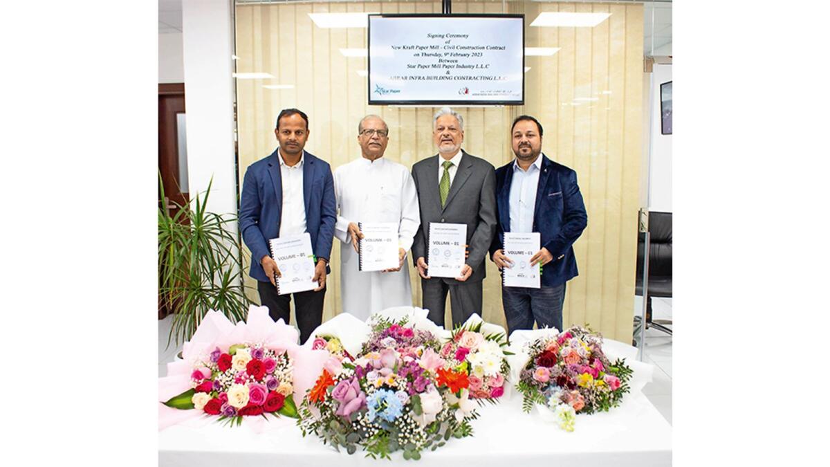 Prem Chandar, MD of Winner Holistic Consultants; Hussain Adam Ali chairman, Star Paper Mill; Majid Rasheed, managing director at Star Paper Mill Industry LLC, and Imran Potrick, chairman and CEO at Abrar Infra Building Contracing LLC signed the contract.