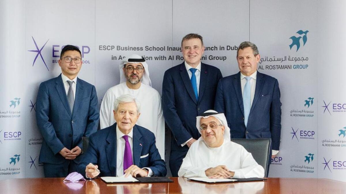 Marwan Al Rostamani and Philippe Houze signed the agreement to launch the ESCP Business School's new campus in Dubai. Hassan Al Rostamani, Frank Bournois, Christian Mouillon and Leon Laulusa were also present on the occasion.  — Supplied photos