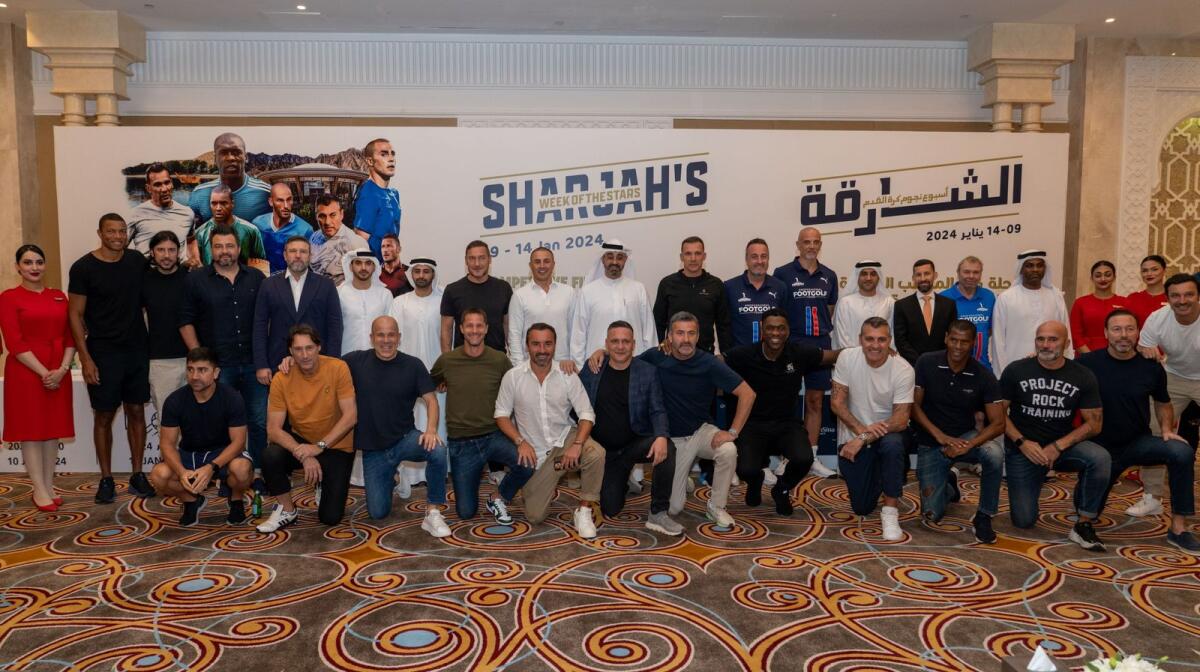 Football legends with officials at the press conference in Sharjah on Wednesday. — Supplied photo
