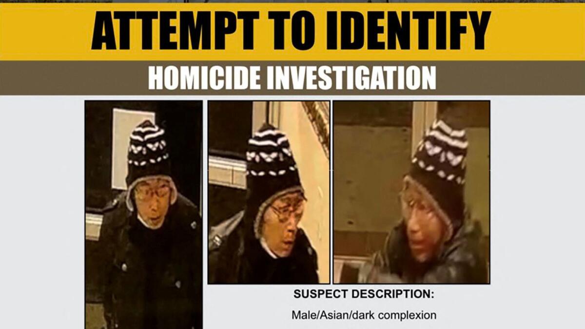 Three still images from surveillance video of an Asian male suspect are featured on a bulletin from the Los Angeles County Sheriff's Department following the mass shooting during a Lunar New Year celebration in Monterey Park, California, on Sunday. — Reuters