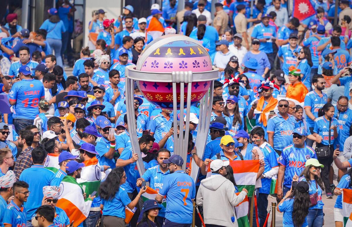 Fans arrive at the Narendra Modi Stadium to watch the ICC Men’s Cricket World Cup 2023 final between India and Australia, in Ahmedabad, Sunday, Nov. 19, 2023. Photo: PTI