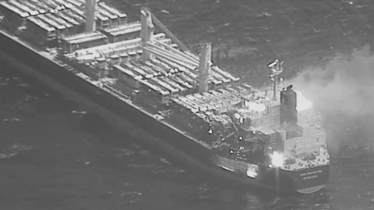 This image released by the US military's Central Command shows the fire aboard the bulk carrier True Confidence after a missile attack by Houthi rebels in the Gulf of Aden. — AP file