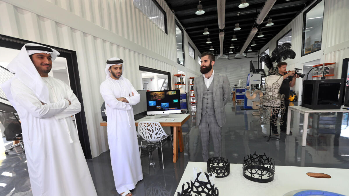 Dubai Design District (d3) COO Mohammad Saeed Al Shehhi and Tecom Business Parks CEO during a tour of the in5 innovation centre at d3 on Sunday. — Photos by Dhes Handumon