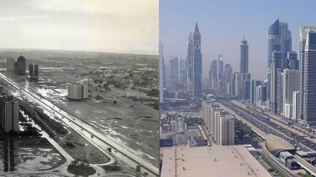 Rewind, 50 years, Dubai, Sheikh Zayed Road, camels, cars, Abu Dhabi, Jebel Ali