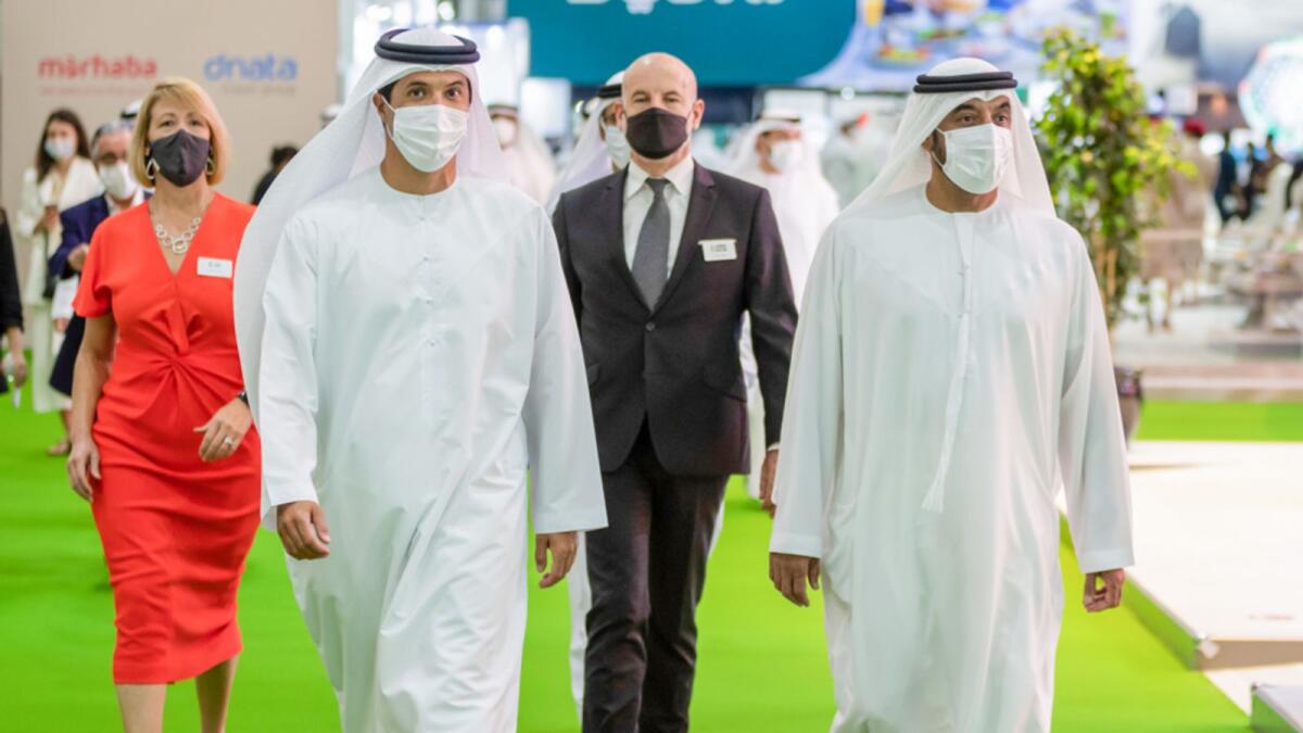 Sheikh Ahmed bin Saeed Al Maktoum and Helal Saeed Al Marri at the opening of Arabian Travel Market 2021 at the Dubai World Trade Centre on Sunday.