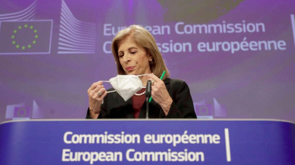 European Commissioner in charge of Health Stella Kyriakides during an online Press conference on AstraZeneca at European Commission headquarters in Brussels. — AP