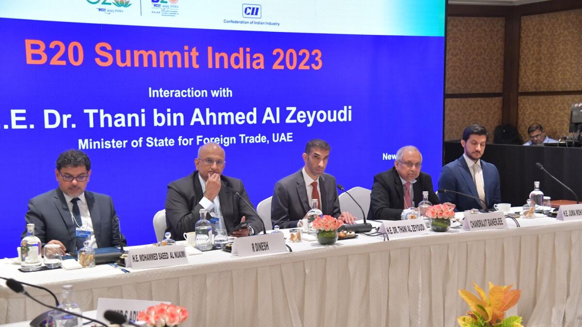 Thani Al Zeyoudi and the UAE delegation attend a media briefing in New Delhi. — WAM