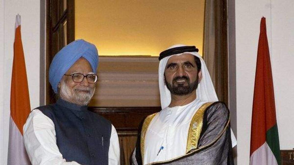 Shaikh Mohammed bin Rashid with the then Indian prime minister Manmohan Singh in New Delhi in 2007.