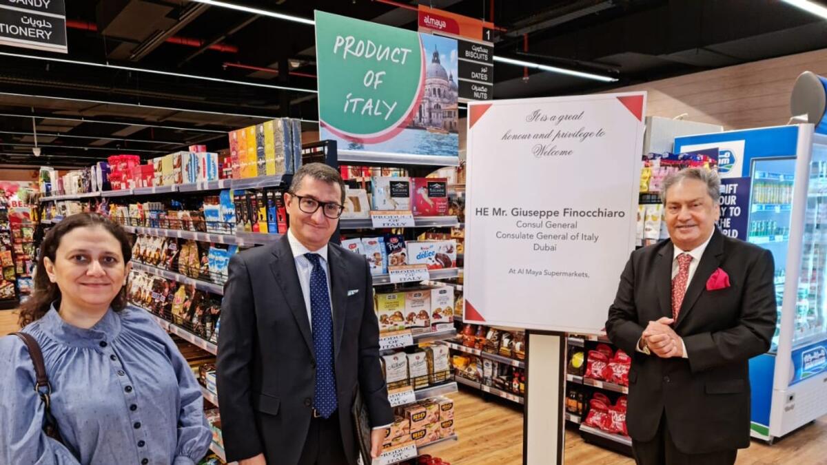 Marwa El Ettr, head of Commercial and Cultural Affairs, Consulate-General of Italy; Giuseppe Finocchiaro, Consul-General of Italy in Dubai; and Kamal Vachani, group director and partner at Al Maya Group, during the visit of the Italian Consul-General to Al Maya Supermarket. — Supplied photo