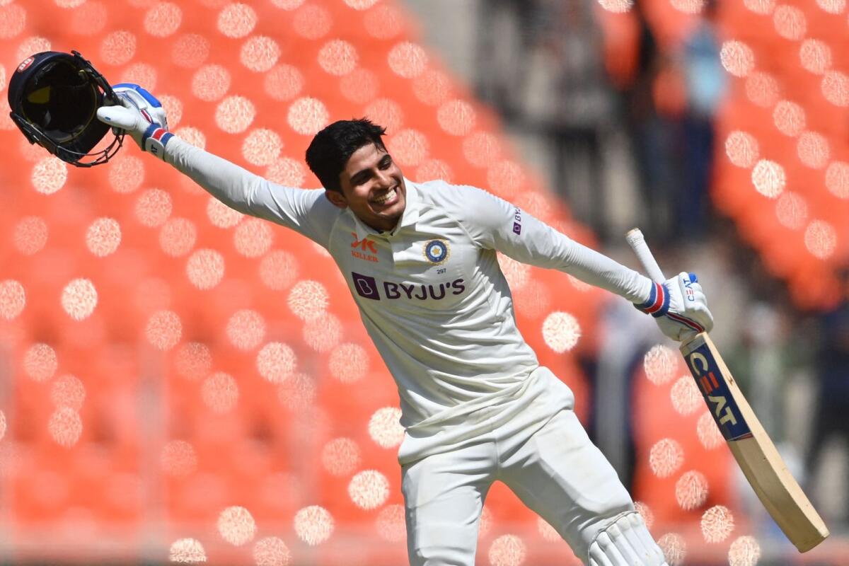 India's Shubman Gill celebrates after scoring a century against Australia at the Narendra Modi Stadium in Ahmedabad on Saturday. — AFP