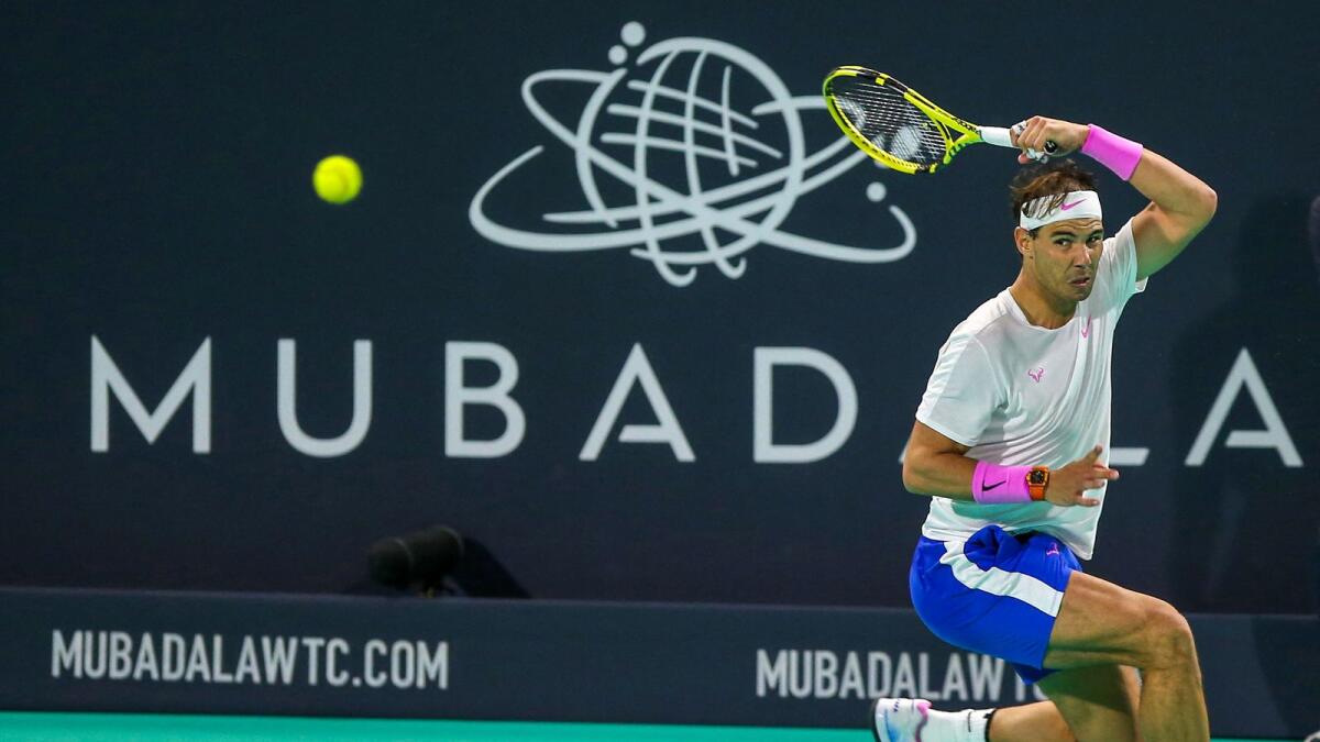 Rafael Nadal plays a return to Stefanos Tsitsipas during the 2019 Mubadala World Tennis Championship final in Abu Dhabi. (AFP file)