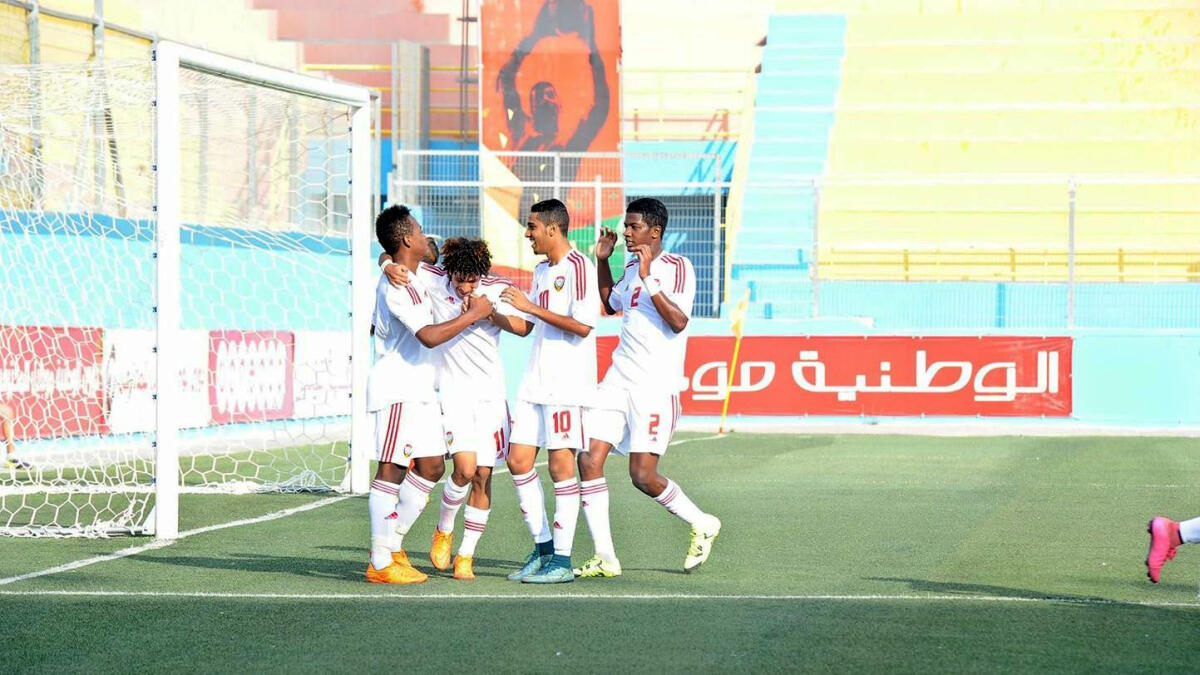 UAE players celebrate after scoring a goal against Afghanistan in Ramallah on Friday. — Supplied photo