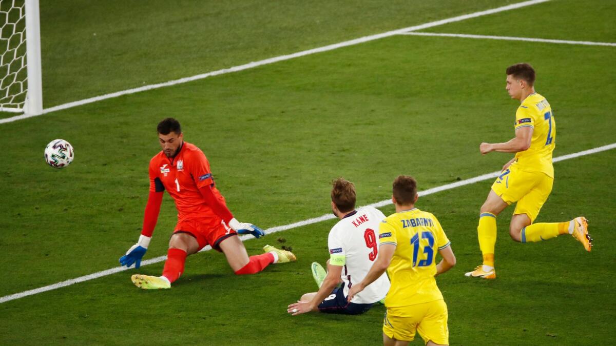 England's Harry Kane scores a goal against Ukraine during the Euro 2020 quarterfinal. — Reuters