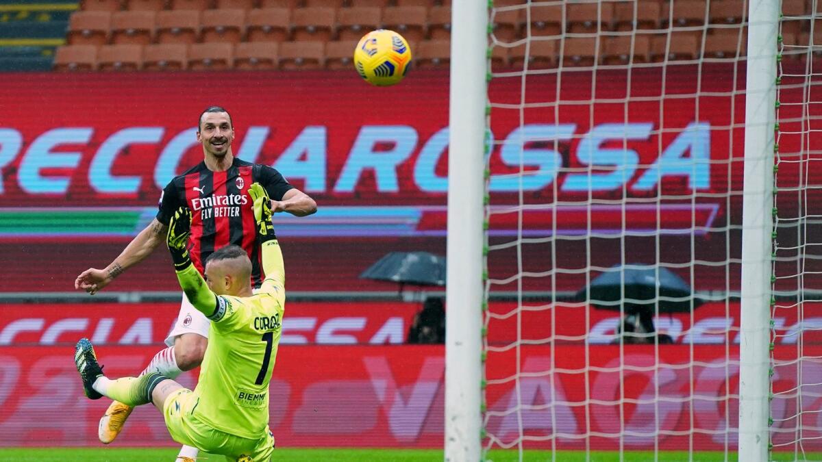Zlatan Ibrahimovic scores a goal against Crotone. — Reuters