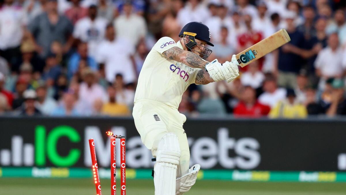 England's Ben Stokes is bowled by Australia's Cameron Green during the third day of the second Ashes Test in Adelaide. (AP)