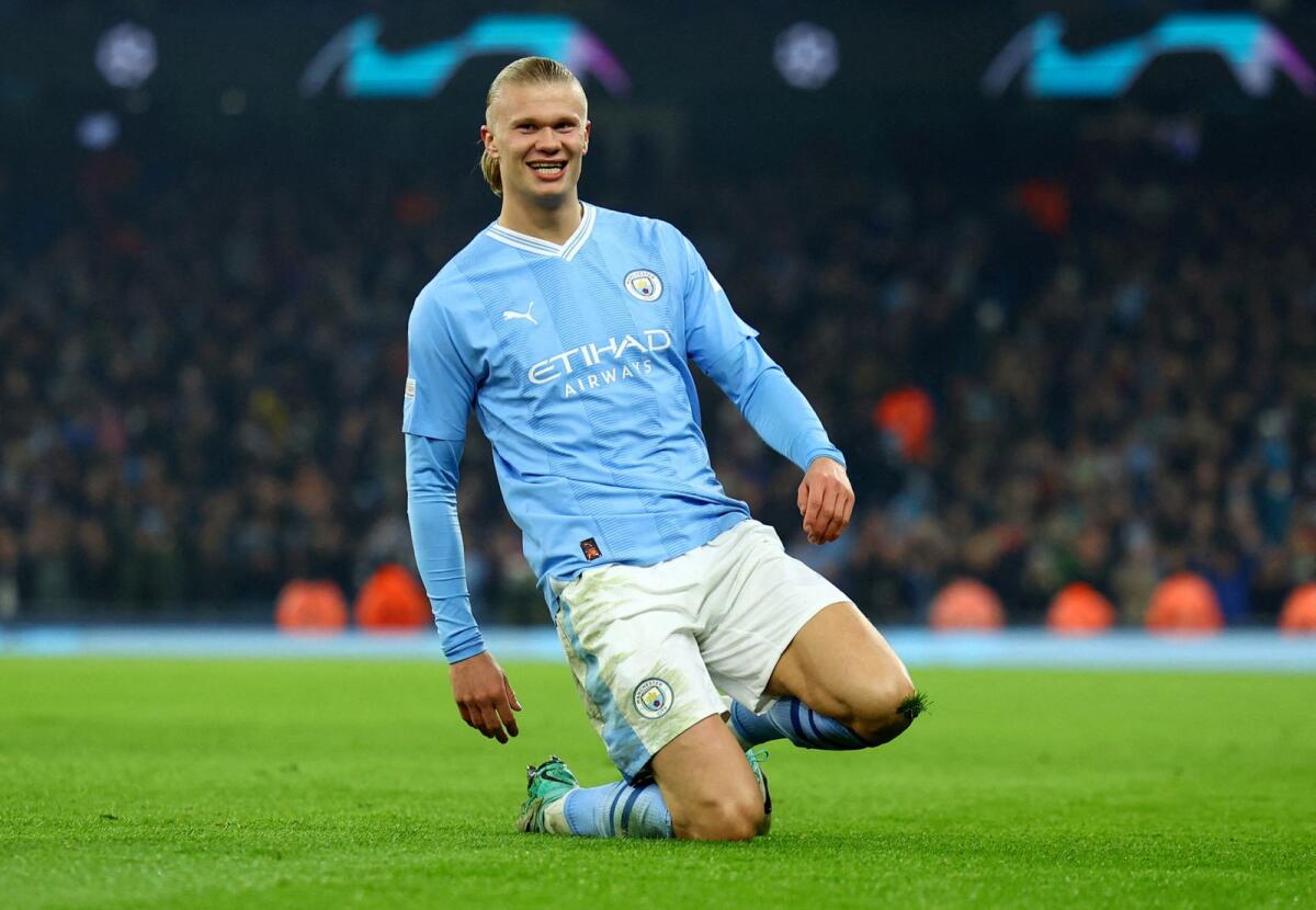 Manchester City's Erling Haaland celebrates scoring their third goal against Young Boys. — Reuters