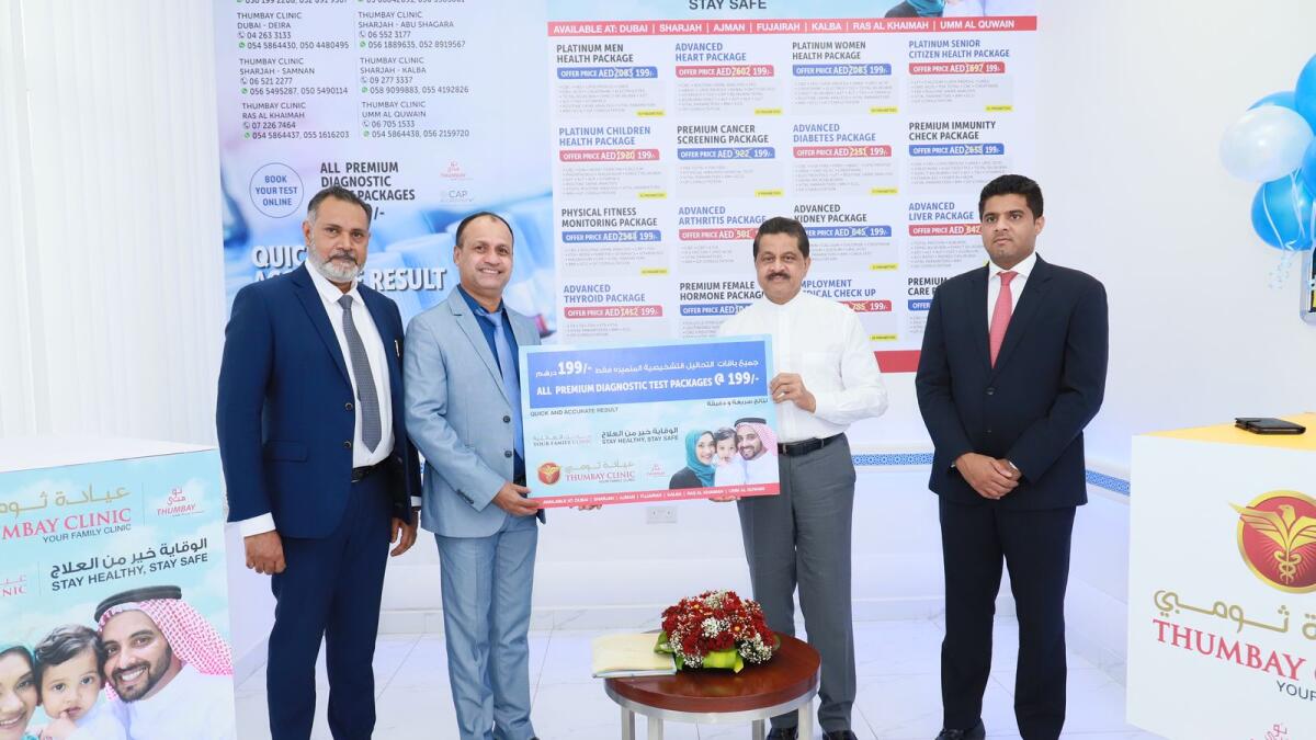 Dr. Nasir Parwaiz, Director,Thumbay Lab, Dr. Sadashiv Bangera , COO, Thumbay Clinics, Dr. Thumbay Moideen, Founder President ,Thumbay Group and Akbar Moideen, Vice-President, Thumbay Healthcare Group at the launch of Wellness for All campaign. Supplied photo