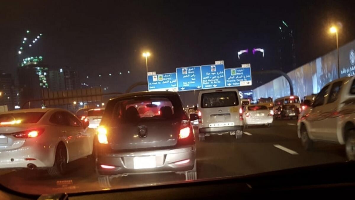 massive traffic jam, standstill, clogs, al khail road, dubai, traffic, traffic update, latest traffic