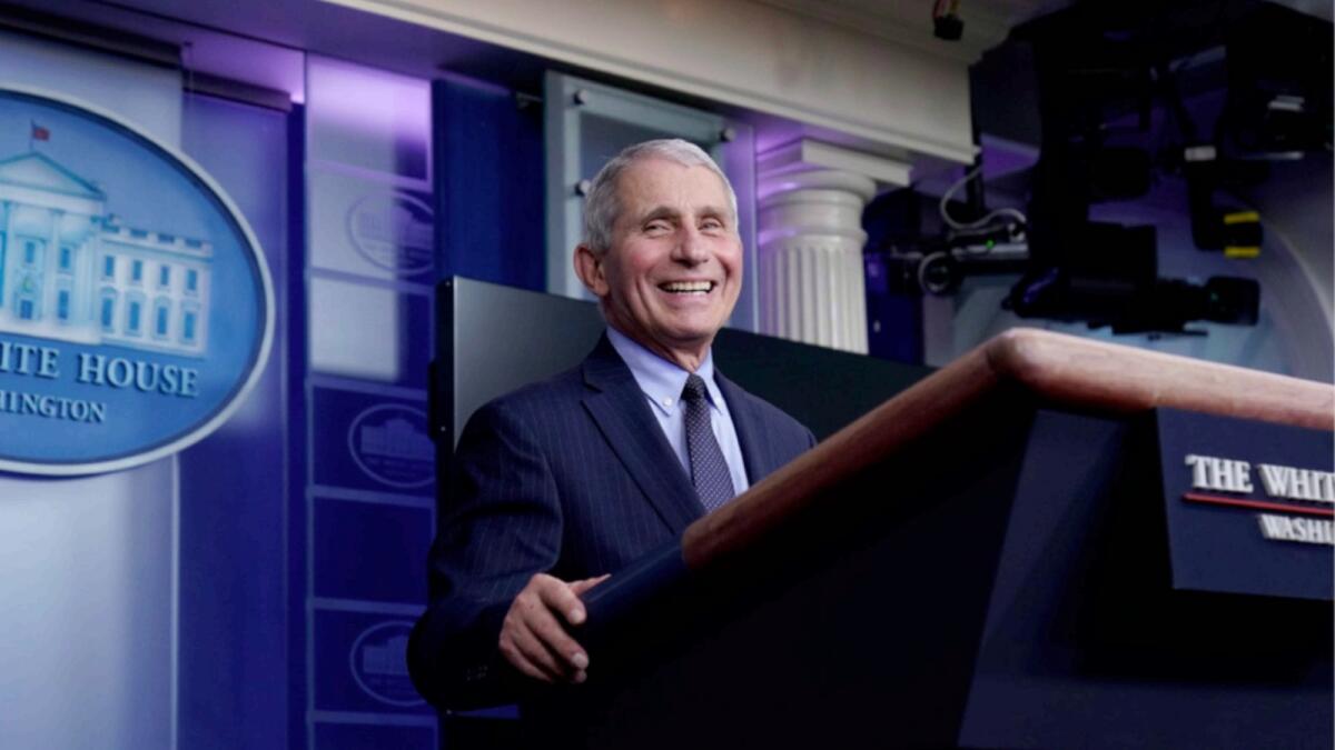Dr Anthony Fauci, director of the National Institute of Allergy and Infectious Diseases, laughs while speaking in the James Brady Press Briefing Room at the White House. — AP