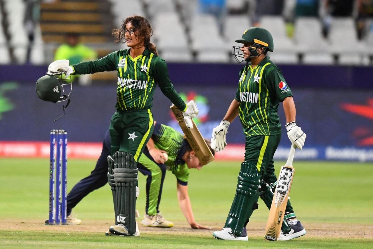 Pakistan's Muneeba Ali (left) celebrates after scoring a century against Ireland on Wednesday. — AFP