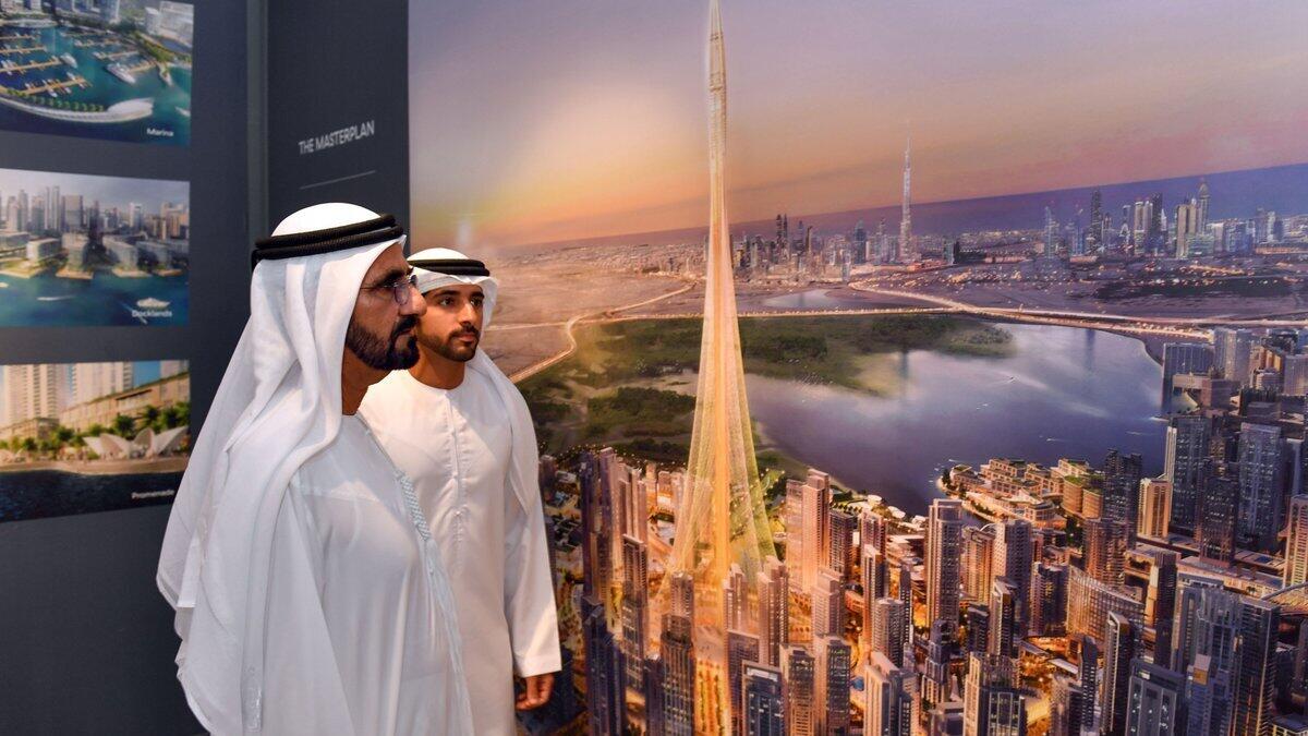 His Highness Shaikh Mohammed bin Rashid Al Maktoum, Vice-President and Prime Minister of the UAE and Ruler of Dubai, led the groundbreaking of The Tower, which will become the world's tallest tower when completed in 2020, on Monday at Dubai Creek Harbour. (Dubai Media Office)