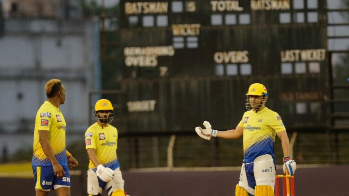 Chennai Super Kings' MS Dhoni (right) during a practice match. (CSK Twitter)
