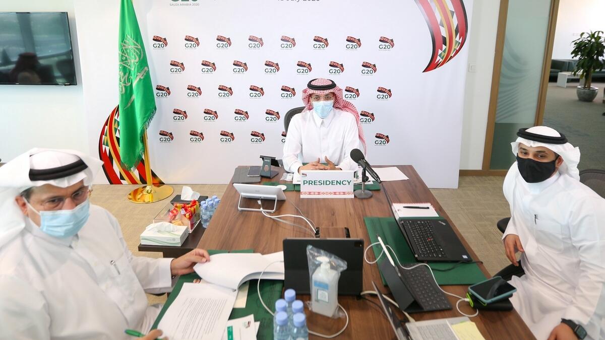 Mohammed Al Jadaan during the virtual meeting of virtual G20 meeting in Riyadh on Saturday.