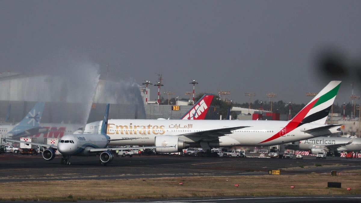 The Emirates flight lands in Mexico.