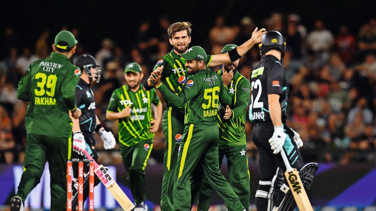 Shaheen Shah Afridi and other teammates celebrating a moment.