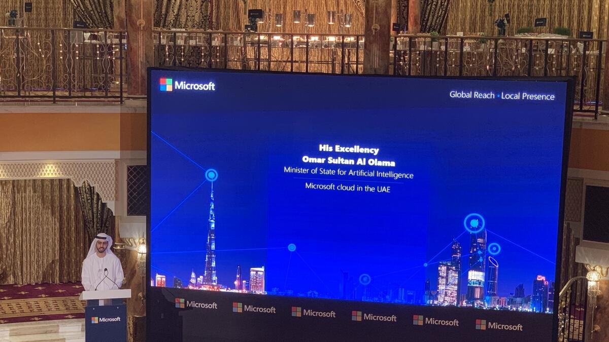 Omar bin Sultan Al Olama, UAE Minister of State for Artificial Intelligence, addressing an event launching Microsoft's cloud data centres in the UAE in Dubai on Wednesday.