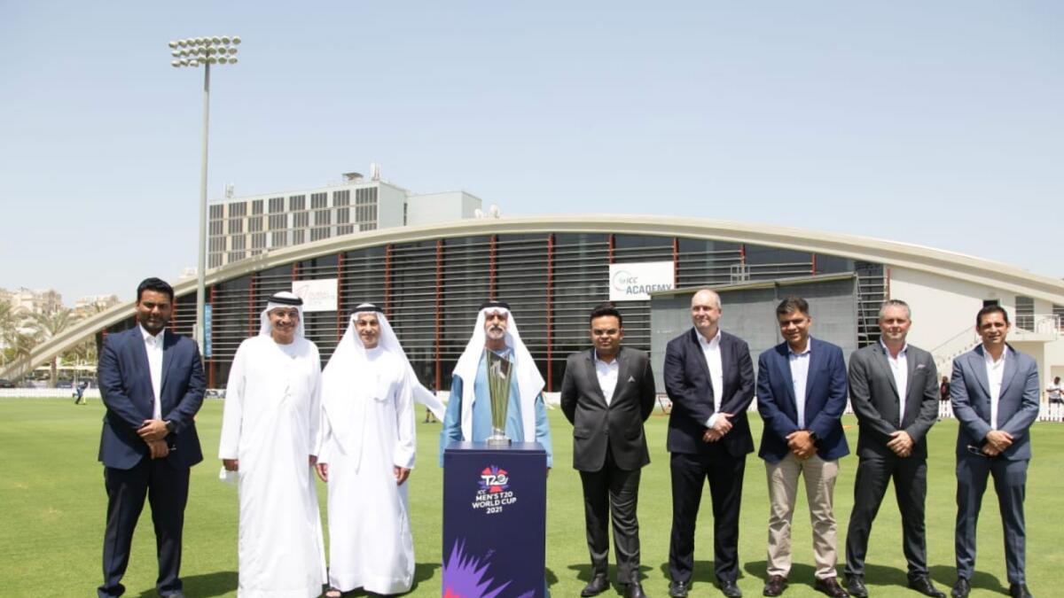 Sheikh Nahyan bin Mubarak Al Nahyan, Minister of Tolerance and Coexistence, poses with the ICC T20 World Cup trophy alongside BCCI and ICC officials in Dubai on Thursday. (UAE Cricket Twitter)