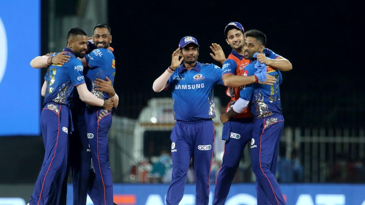 Mumbai Indians players celebrate after winning the match against Kolkata Knight Riders. (BCCI)